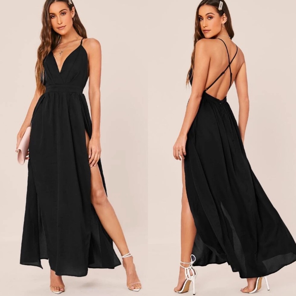 Criss cross thigh slit maxi dress v neck burgundy - Picture 3 of 3